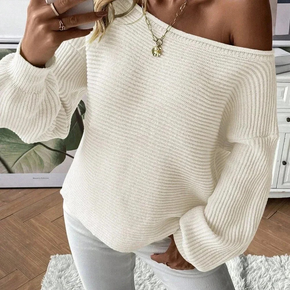 Beige Casual Women's Asymmetrical Neckline Sweater Pullover - Picture 3 of 6